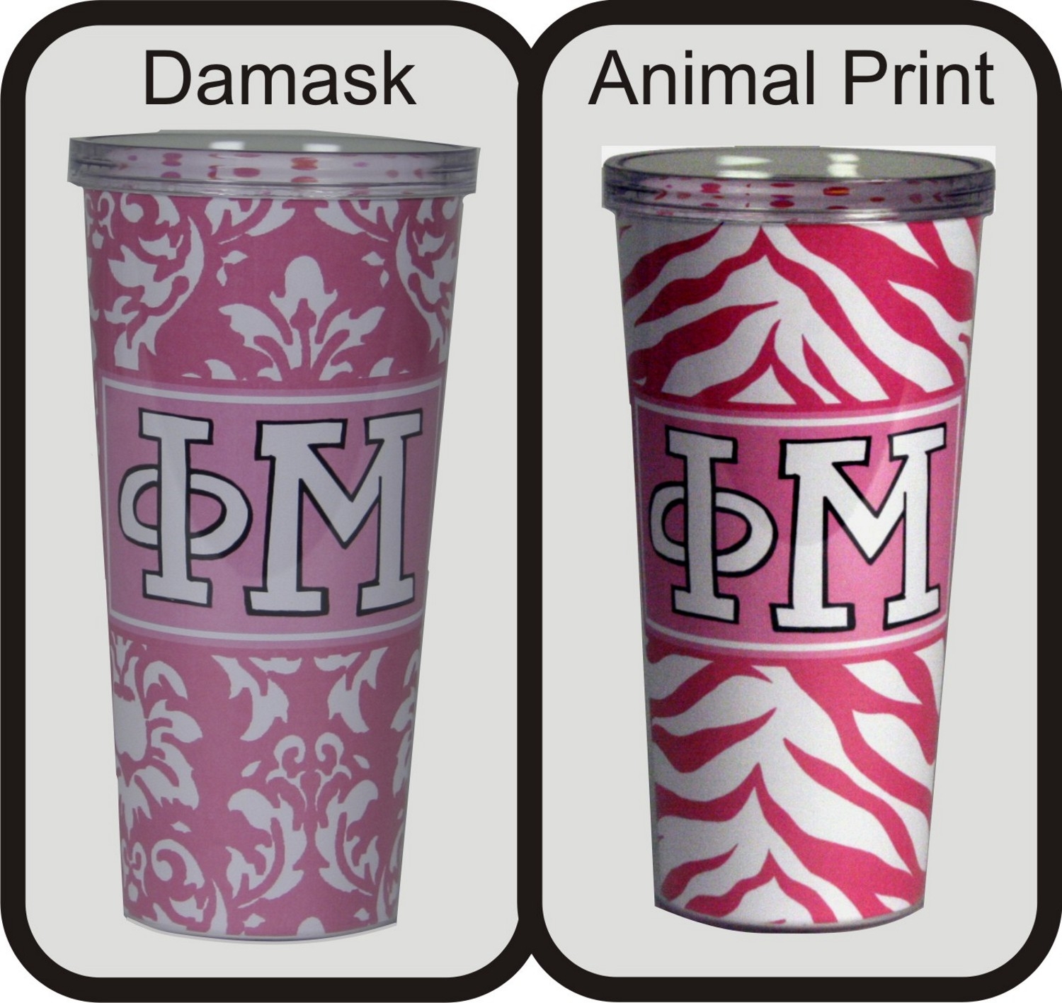 Phi Mu Sorority Pink Damask and Animal Print Cottie Cups Phi Mu Sorority Pink Damask and Animal Print Cottie Cups