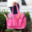 Hot Pink Carry All Bag personalized with Vine font single initial in navy thread Hot Pink Carry All Bag personalized with Vine font single initial in navy thread